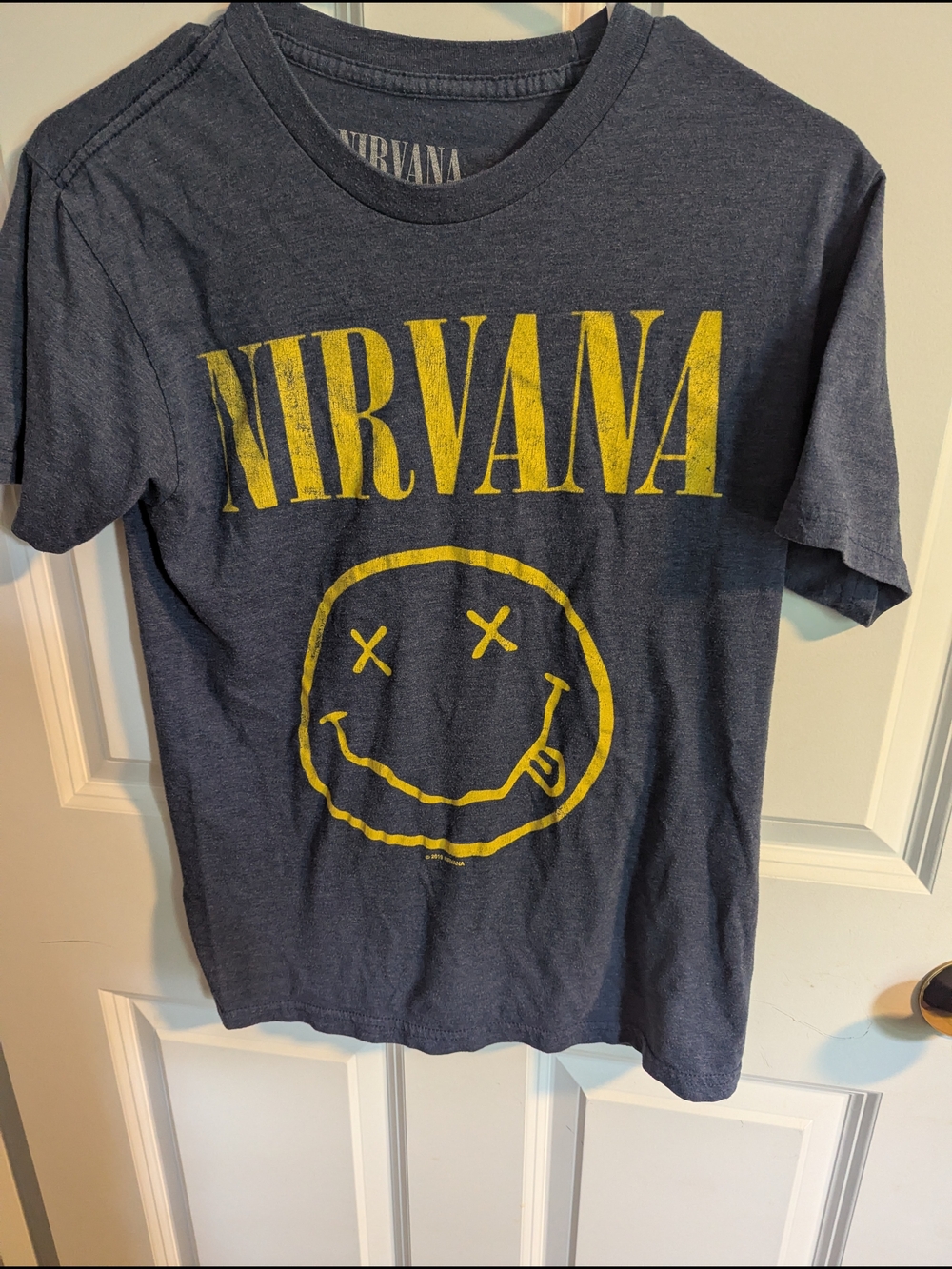 Nirvana Short Sleeve Graphic Tee in Charcoal with Yellow Logo - Picture 1 of 6